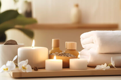 Spa-Zubehör Zusammensetzung in Day Spa Hotel, Beauty-Wellness-Center gesetzt. Spa-Produkt sind in Luxus-Spa-Resort Zimmer, bereit für Massage-Therapie von professionellem Service platziert.